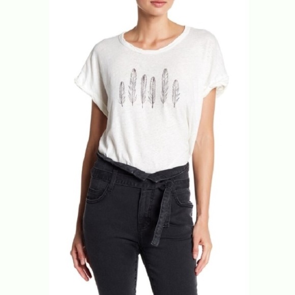 Current Elliot tee feather print linen blend white M - Picture 2 of 2